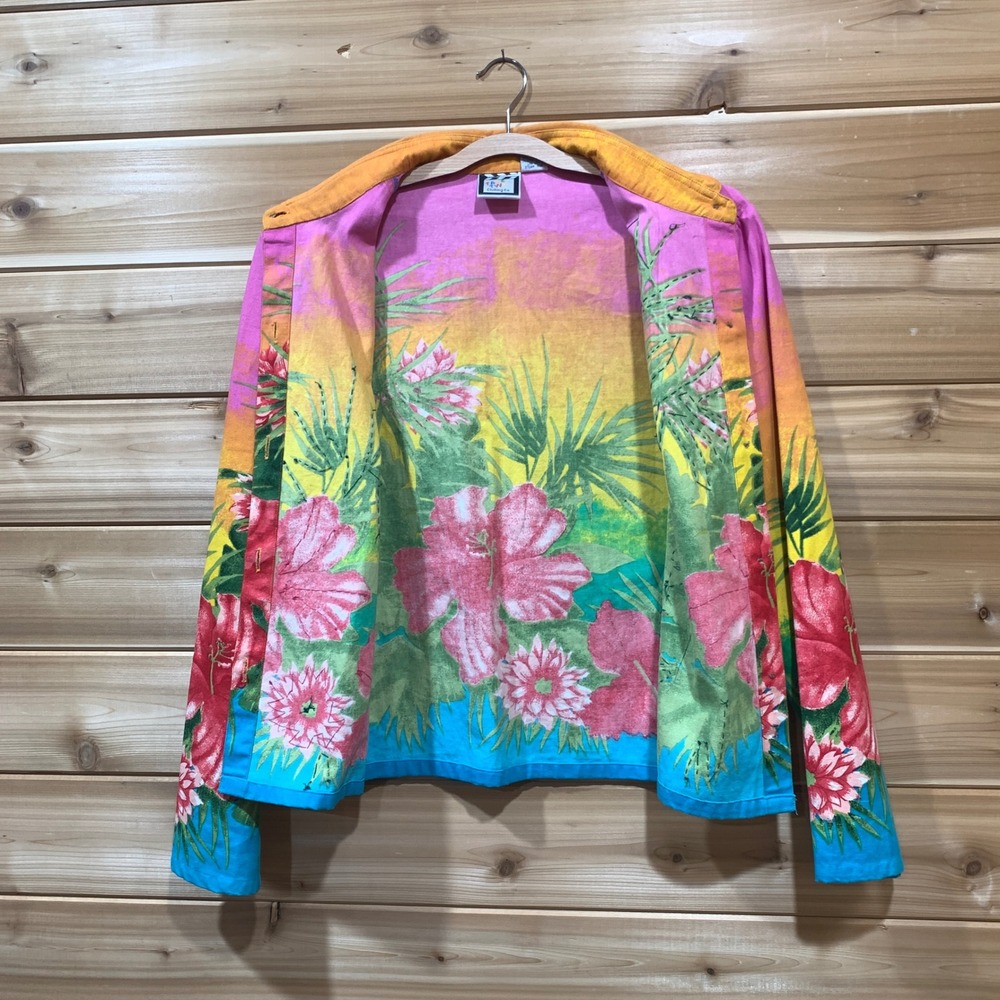 Floral Button Down Jacket Tropical Print Bead Embellished Collared Colorful XL - Picture 5 of 14
